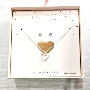 Lauren Conrad ✦ Silver Heart Necklace & Earrings Set ✦ CZ Stones Dainty NWT